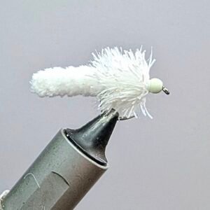 White mop Fly  Barbless. (Glow in the dark Bead)