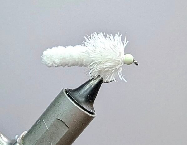 White mop Fly  Barbless. (Glow in the dark Bead)