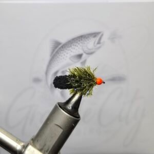 Olive and black Ally Mop Fly with orange head for trout fishing